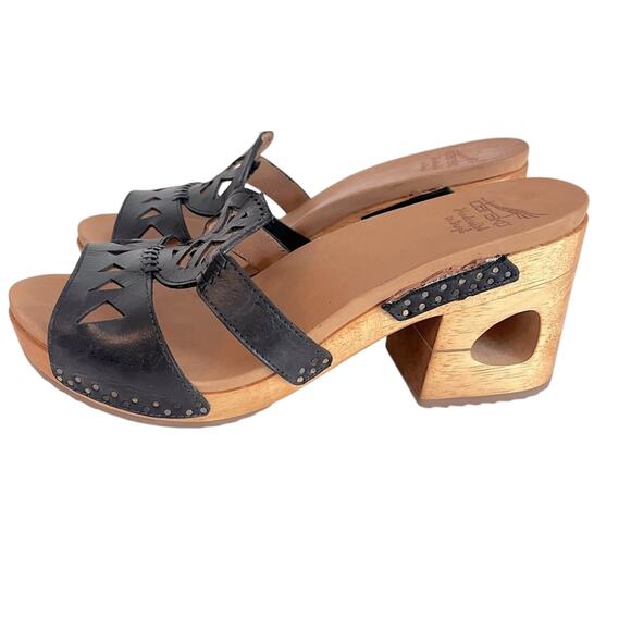 Dansko Oralee Wooden Heel Platform Sandal Womens 11 Black Leather Slide Open Toe - Picture 1 of 12